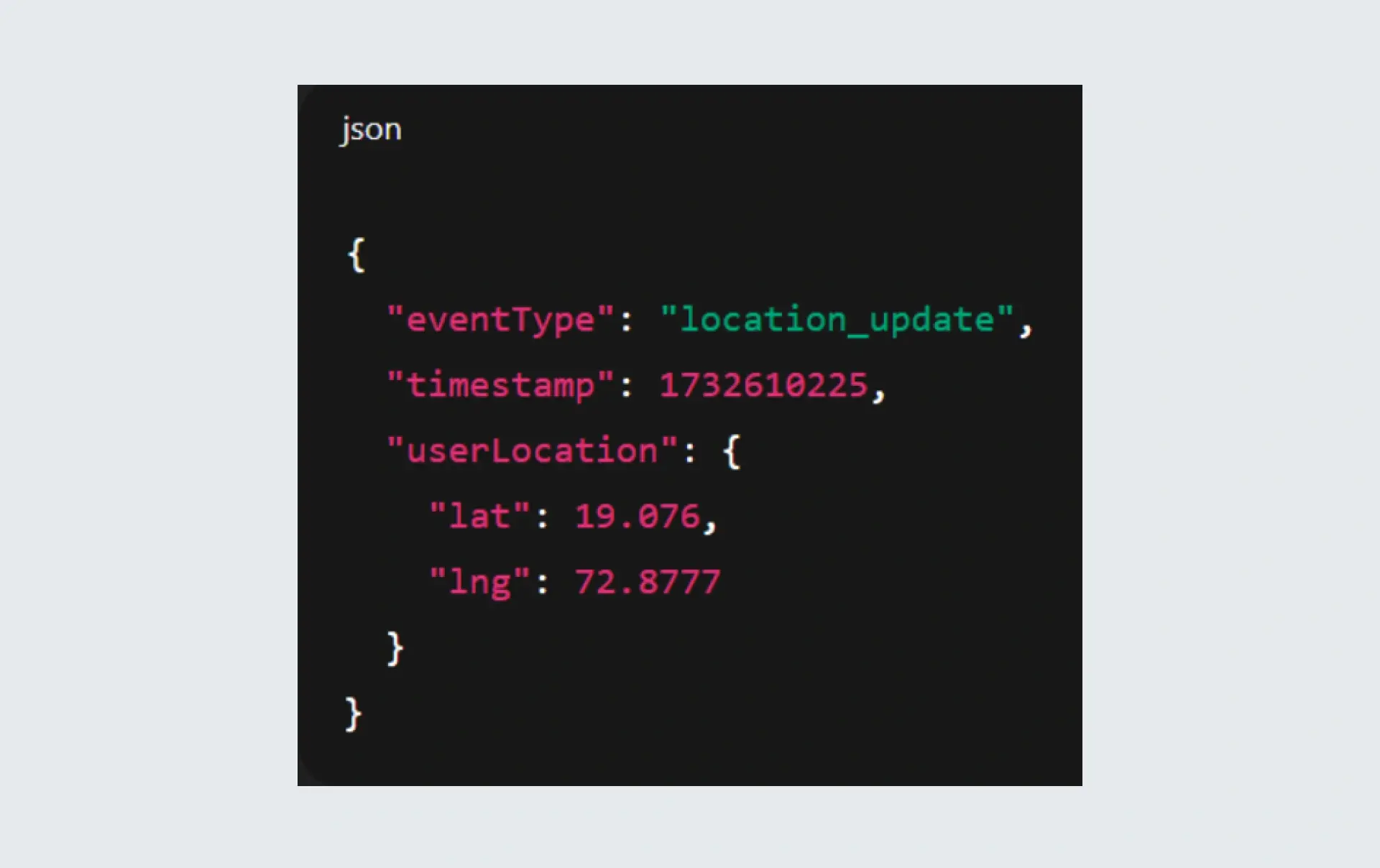 A screenshot JSON code in real-time event stream