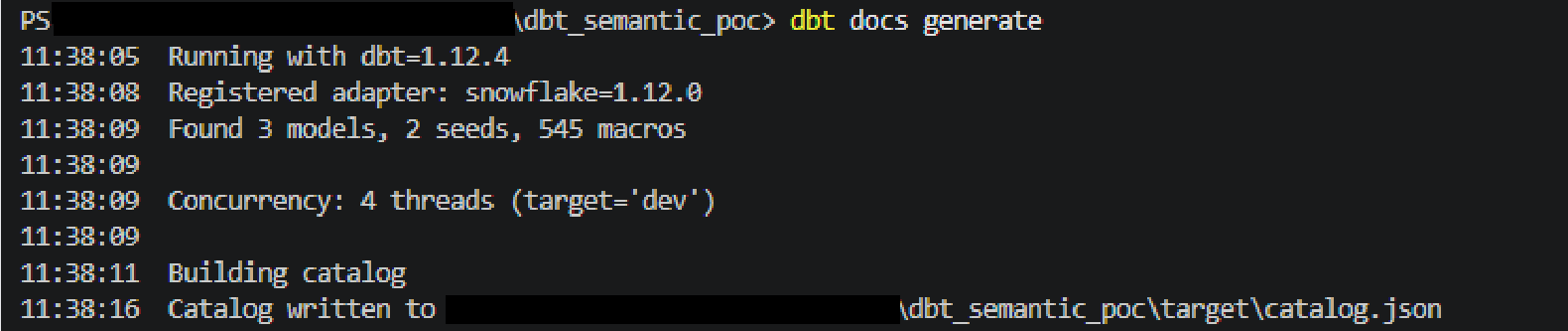 Terminal running dbt docs generate on a dbt Snowflake project to compile all model and column descriptions