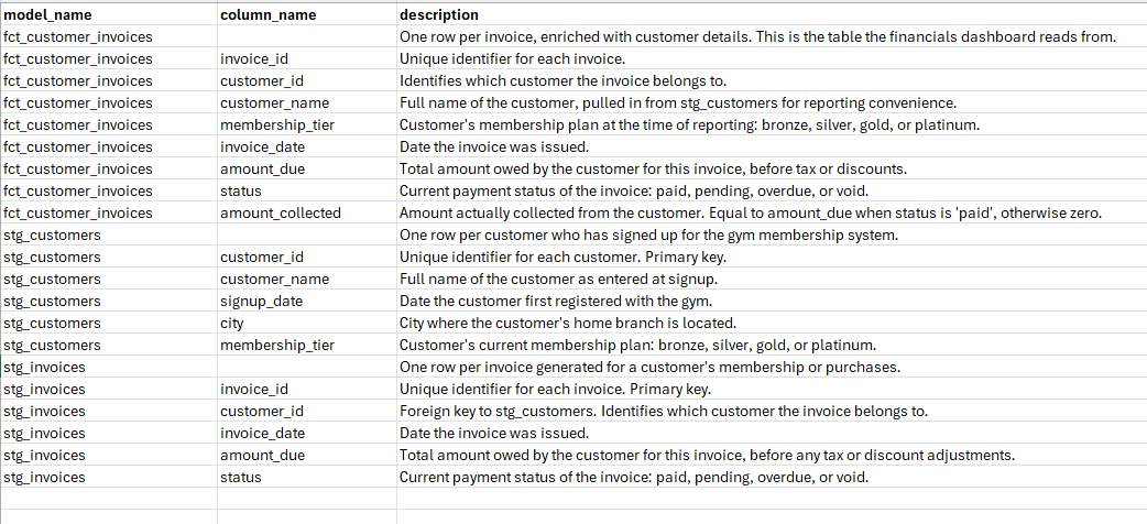 CSV of bulk-extracted dbt descriptions with model name, column name and description for every model